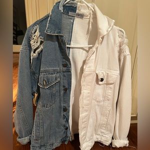 LF CARMAR distressed two toned denim jacket. White and blue.